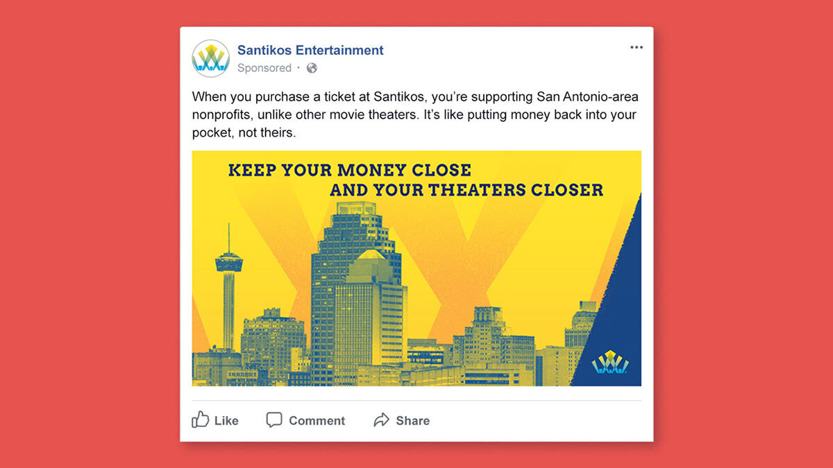 "Keep your money close and your theaters closer" social ad